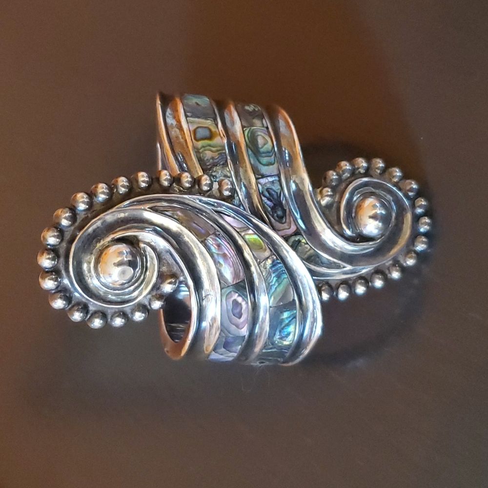 Vintage Sterling Silver Abalone Clamp Cuff Bracelet Taxco